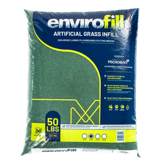 A 50lbs bag of Envirofill Artificial Grass Infill, with packaging predominantly in green and blue colors, displaying the product name and uses.