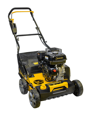 A yellow and black Roll&Comb walk-behind artificial grass sweeper with an attached gasoline engine, shown on a plain white background.